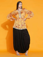 Women Republic Yellow Printed Satin Georgette Shirt With Bell Sleeves And Dhoti - Distacart
