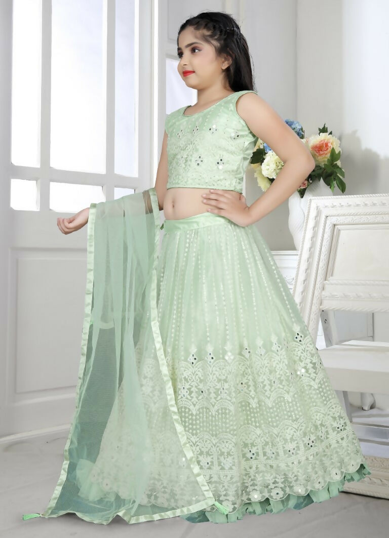 Wedding Designer Light Green Net Kidswear Lehenga - Aaradhna
