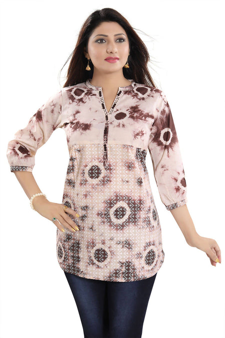 Snehal Creations Bold Beige Cotton Chikan Short Kurti Top With Batik Printing