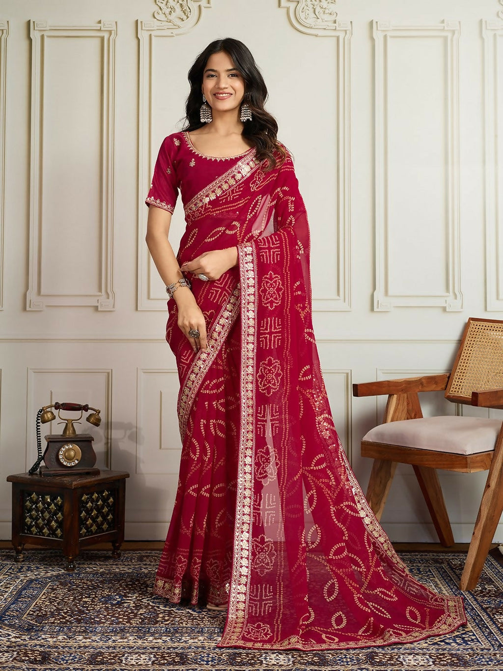Ai Fashion Magenta Georgette Rajwadi Bandhani Print Party Wear Saree - Distacart