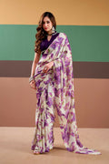 Vastranavya Purple Satin Silk Floral Printed Saree with Stitched Blouse - Distacart