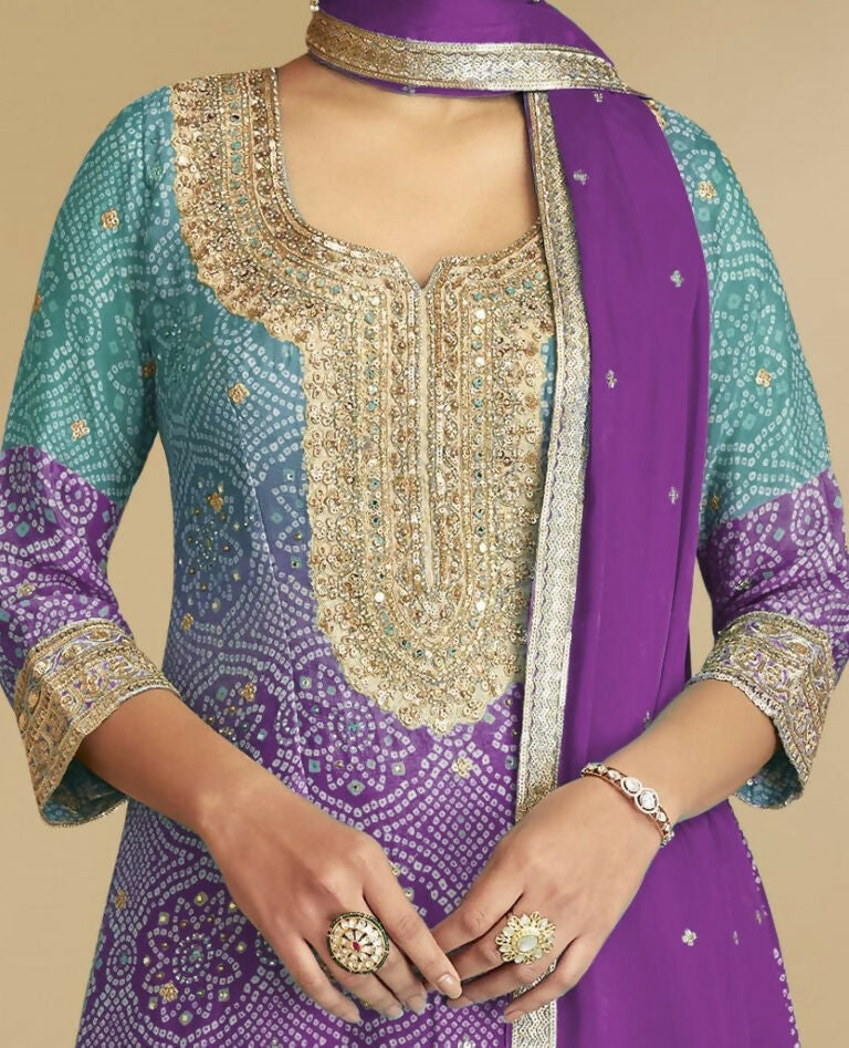Vastranavya Bandhej Printed Chinon Chiffon Embroidered Sequins Pakistani Suit