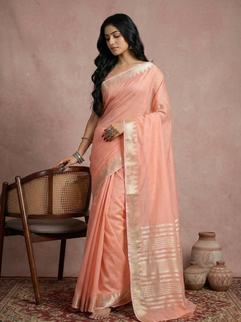 Shree Shyam Fashion Peach Cotton Saree - Distacart