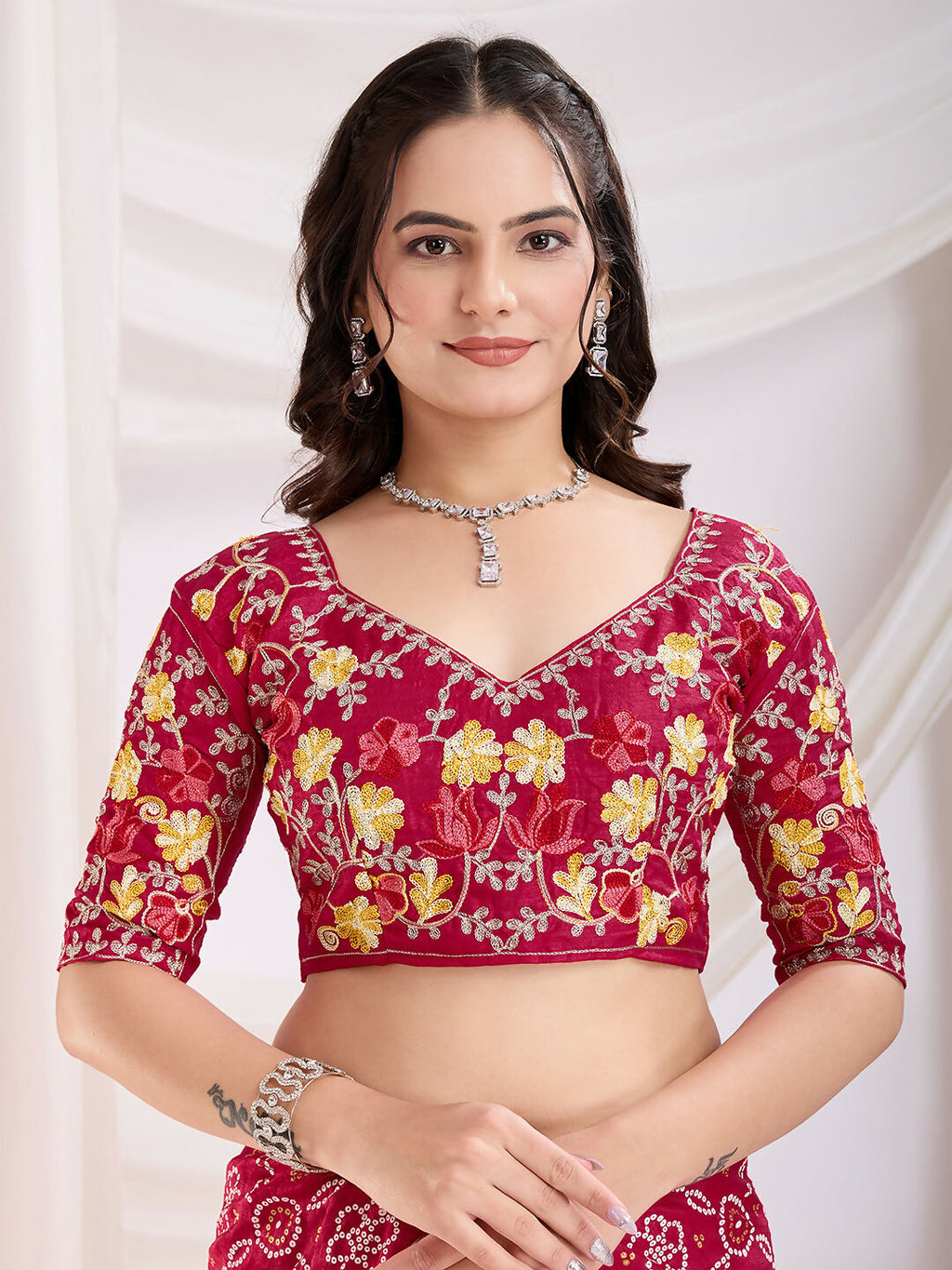 Red Vichitra Silk Bandhani Printed, Embroidery Work Saree - Ditya