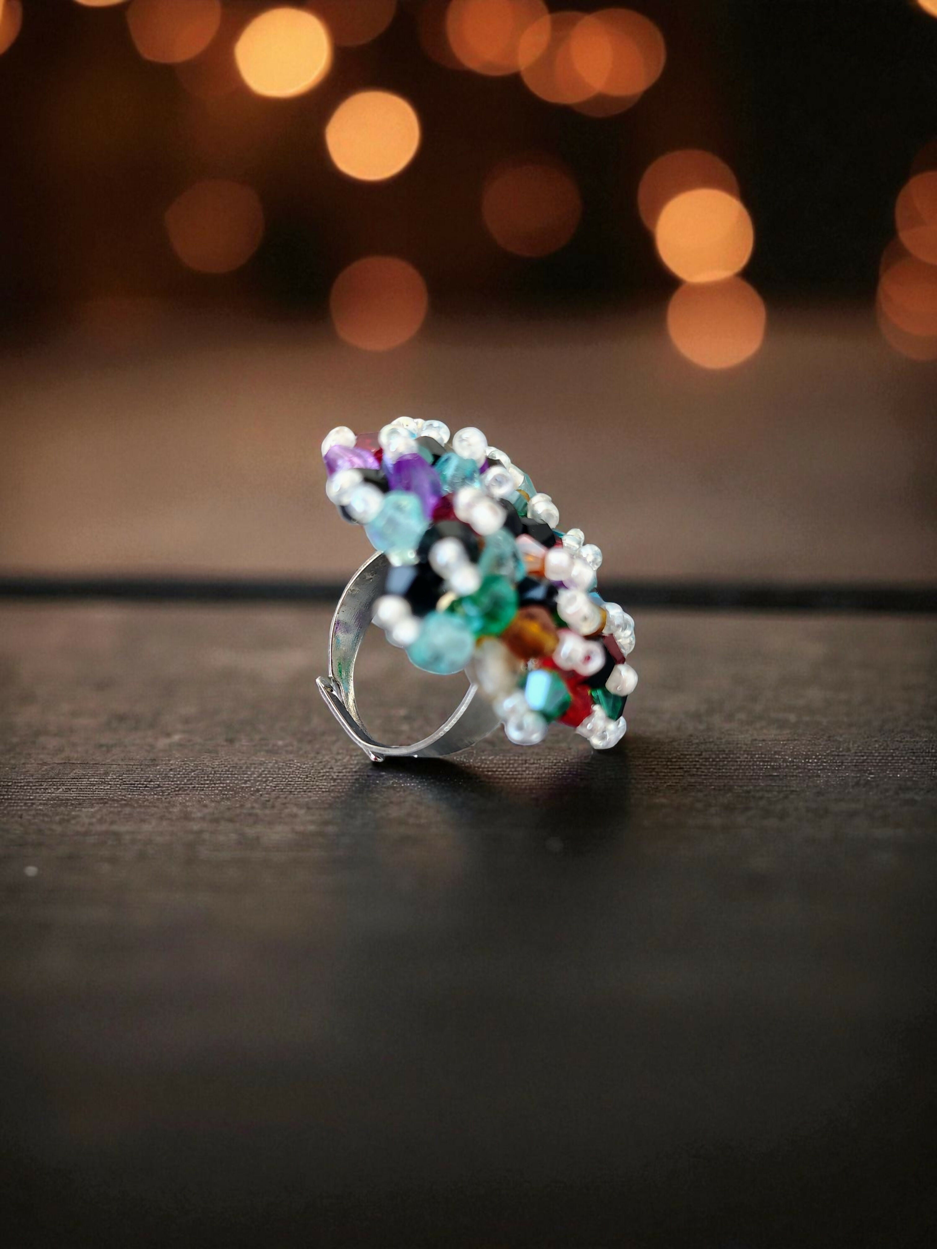 Inhanns Rang-E-Roshan Adjustable Ring – Handmade Crystal Statement Ring - Multicolor 1
