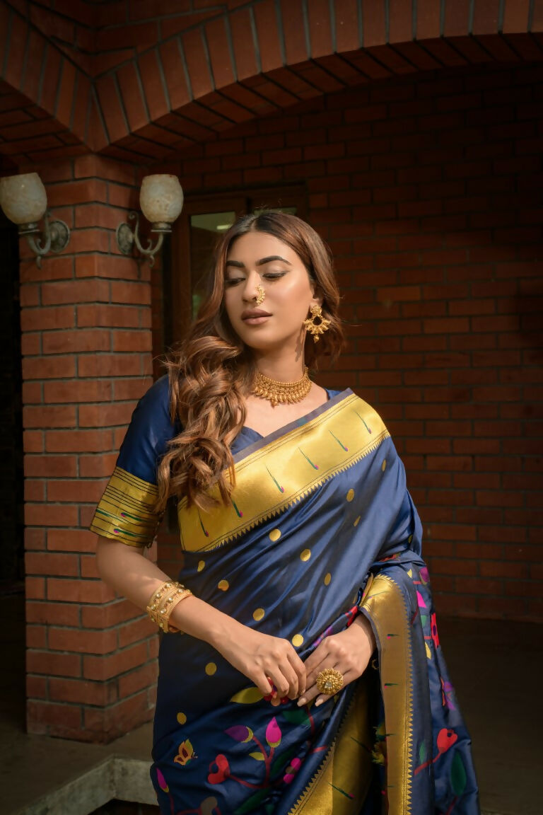 Jyoti Fashion Women's Navy Blue Paithani Silk Zari Woven Saree with Blouse