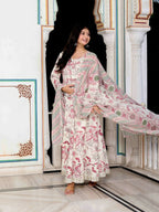 Miravan Women's Light Pink Cotton Birds And Leaf Floral Printed Anarkali Kurta And Dupatta Set