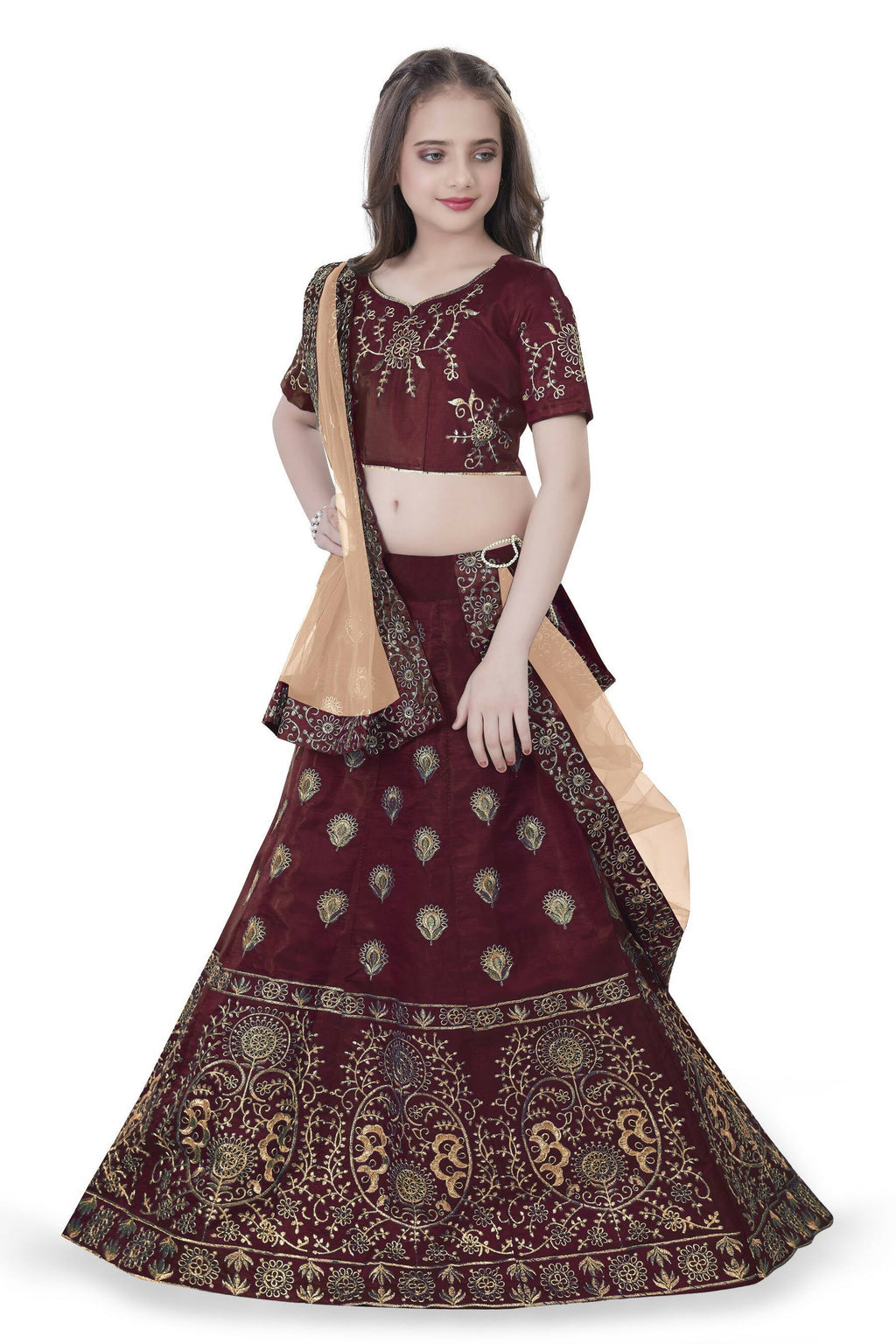 Dwiden Maroon Gulab Tafetta Sattin Semi-Stitched Girl'S Lehenga Choli