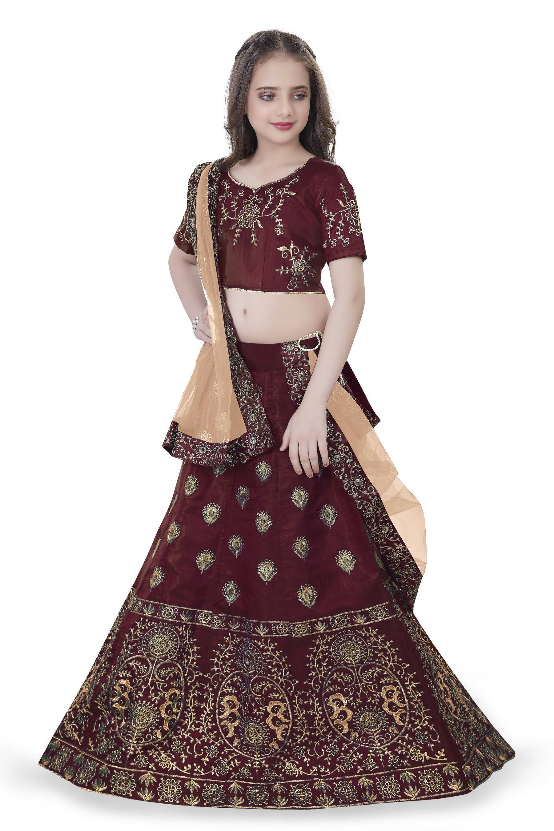 Dwiden Maroon Gulab Tafetta Sattin Semi-Stitched Girl'S Lehenga Choli