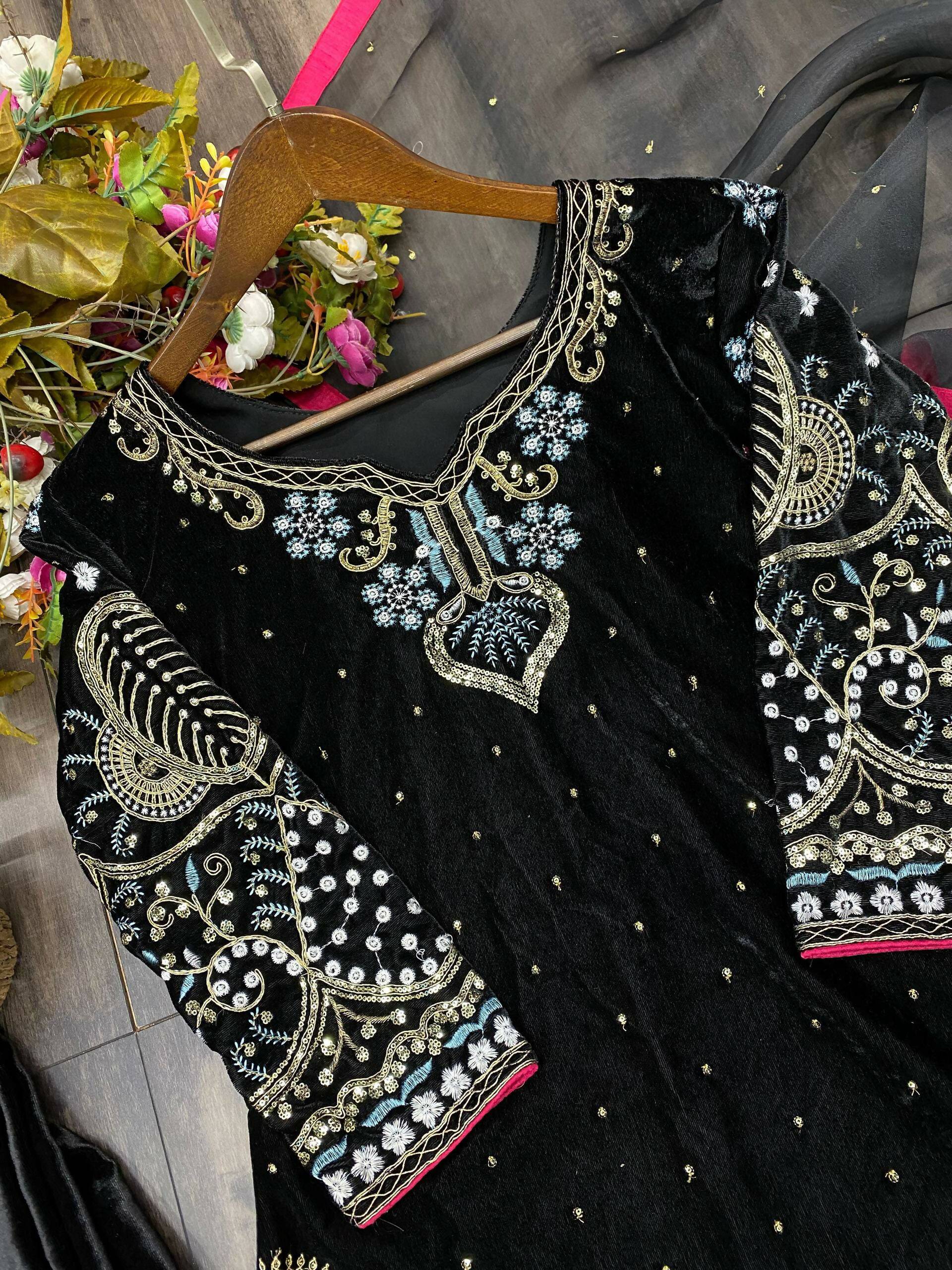 Vastranavya Black Viscose Velvet Cording Sequence Embroidery Work Suit With Dupatta - Distacart