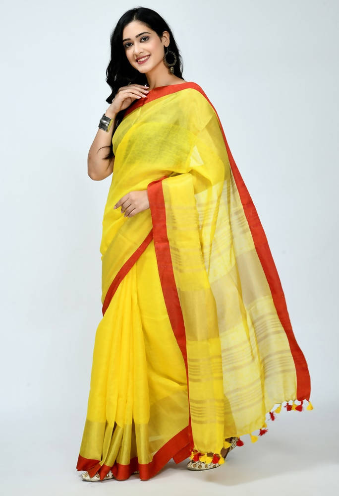 Mominos Fashion Moeza Pure Linen Yellow Saree