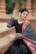 Vastranavya Navaratri Collection Myra Silk Lehenga & Blouse With Maslin Crochet Printed Dupatta Set - Black