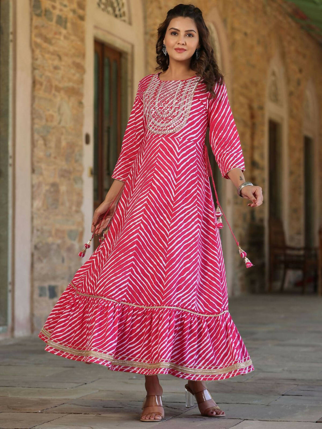 Juniper Women's Fuschia Printed Embroidered Mirror Work Sequin Cotton Flared Dress - Distacart