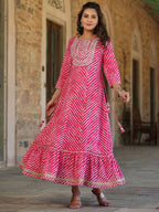 Juniper Women's Fuschia Printed Embroidered Mirror Work Sequin Cotton Flared Dress - Distacart