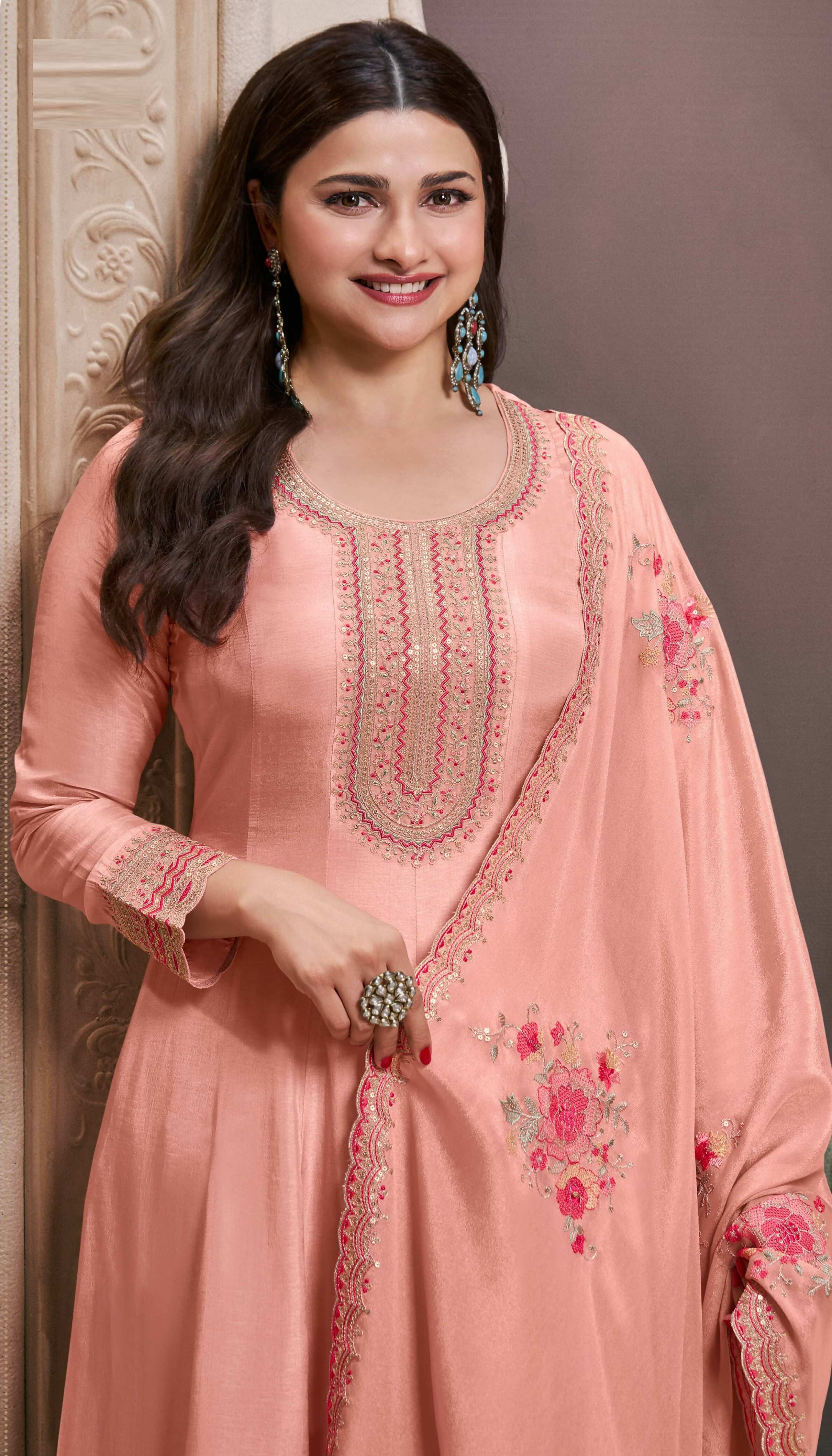 Anaita Peach Embroidered Work Silk Stitched Anarkali suit - Distacart