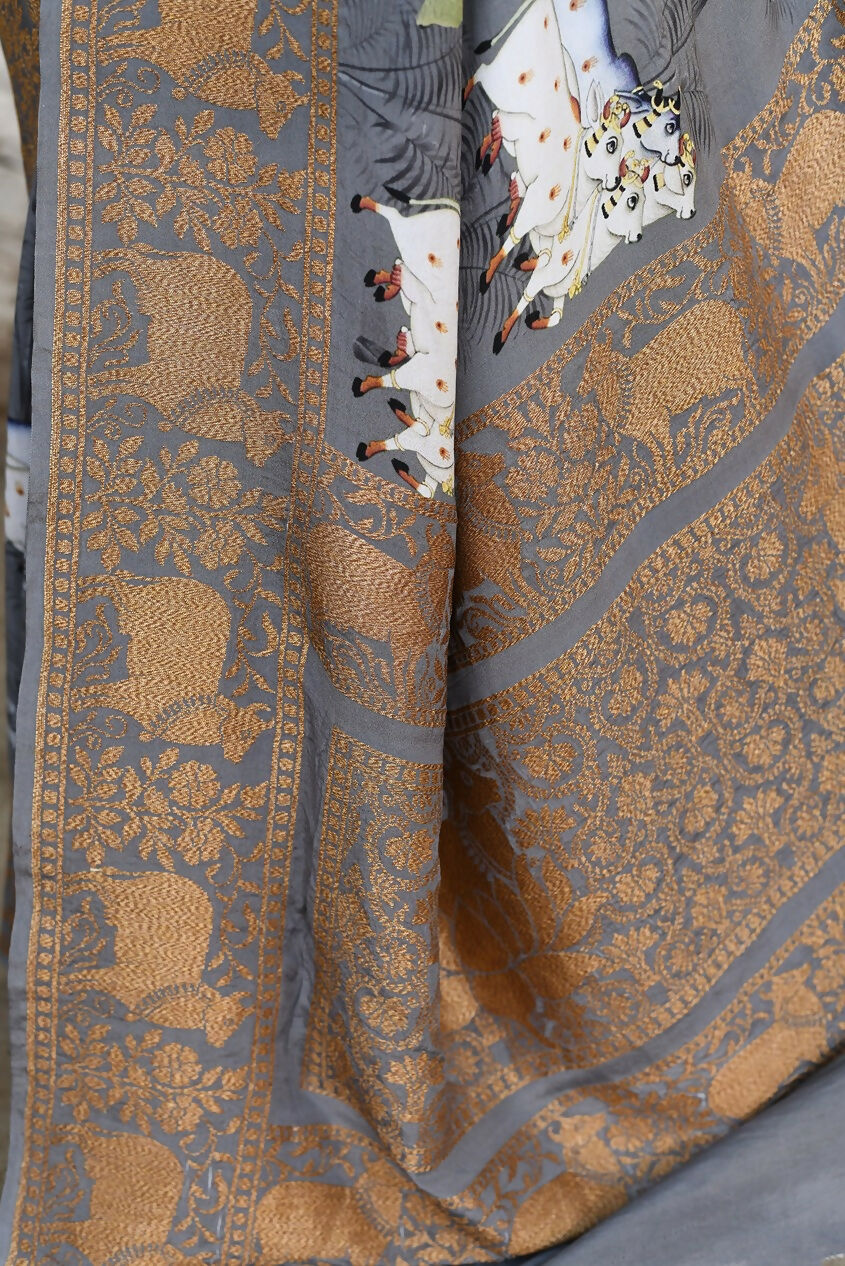Joban Fashion Silver Grey Pure Crepe Pure Handloom Banarasi Silk Saree