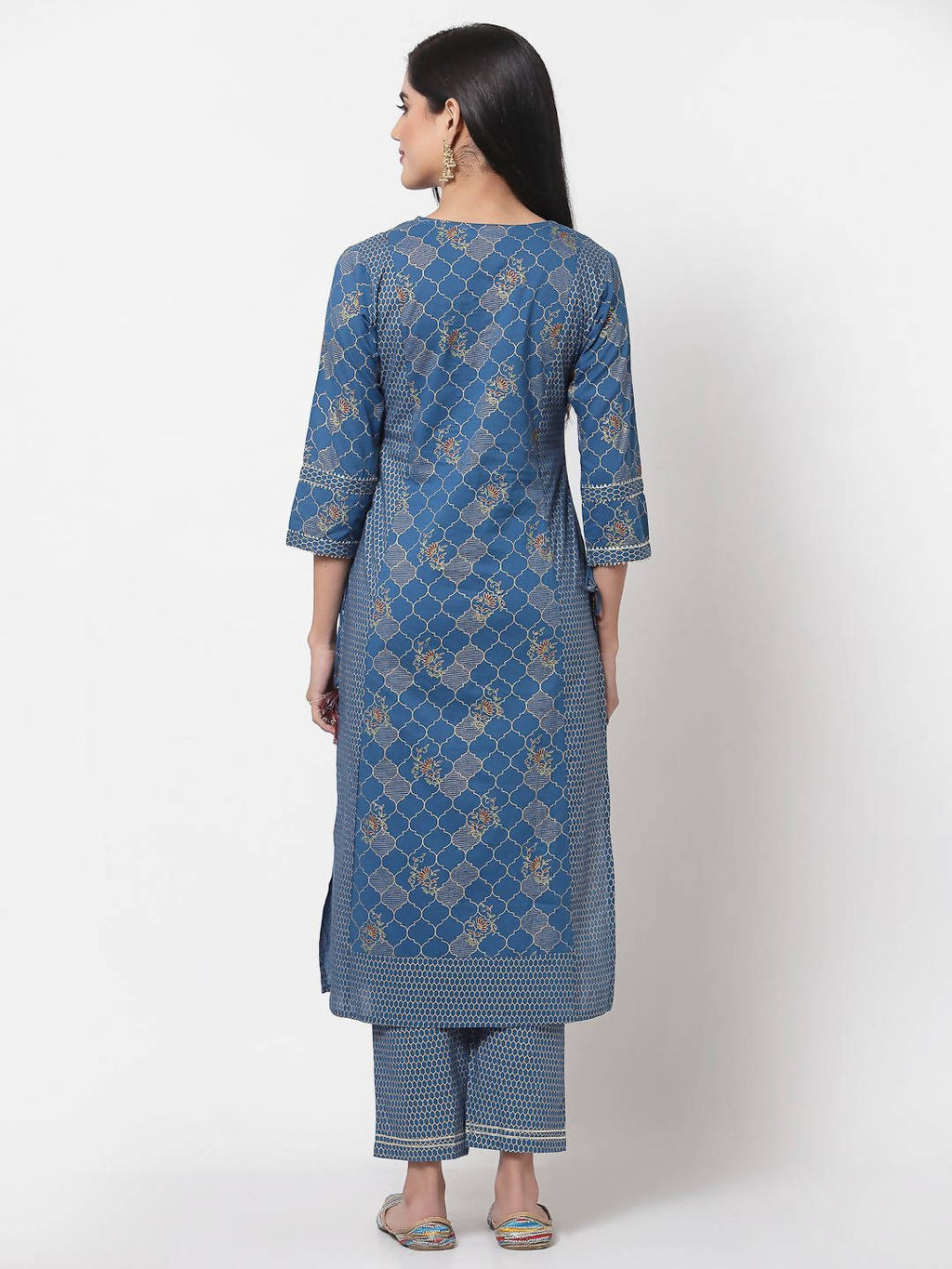 Myshka Women's Navy Blue Printed 3/4 Sleeve Cotton Round Neck Casual Kurta & Pant Set
