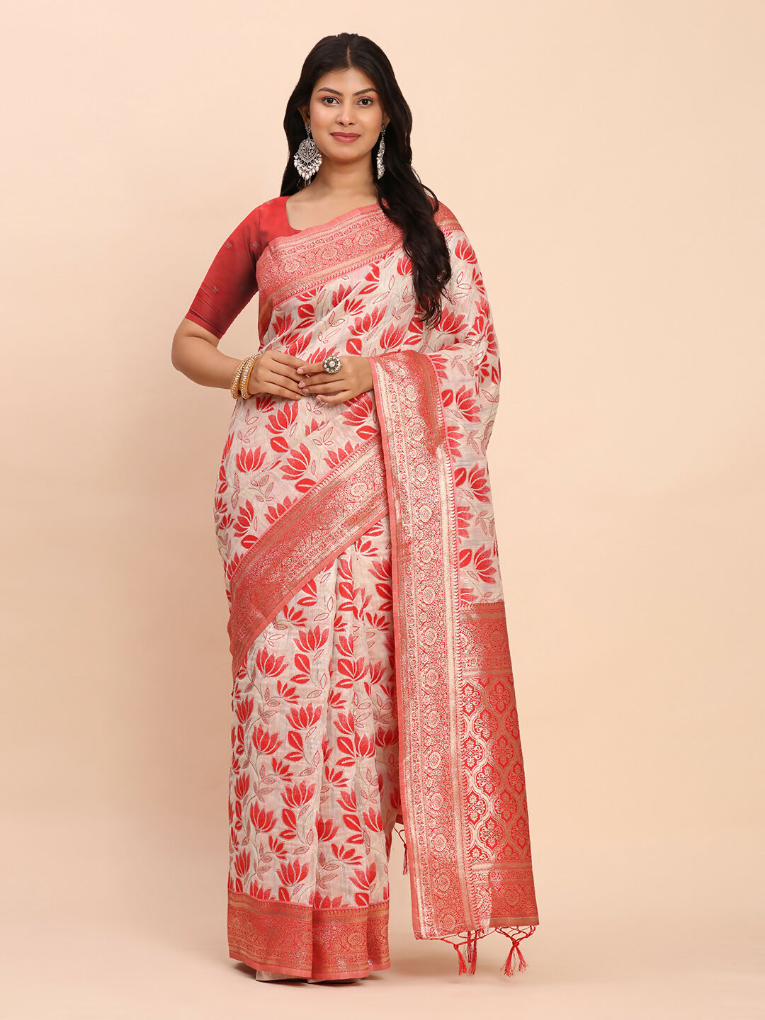 Shree Shyam Fashion Linen Cotton Red Saree - Distacart