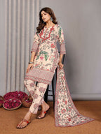 Joban Fashion Women Cream Linen Printed Stitched Kurta Set - Distacart