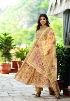 Yufta Women Yellow Floral Printed Pure Cotton Anarkali Kurta with Trouser & With Dupatta