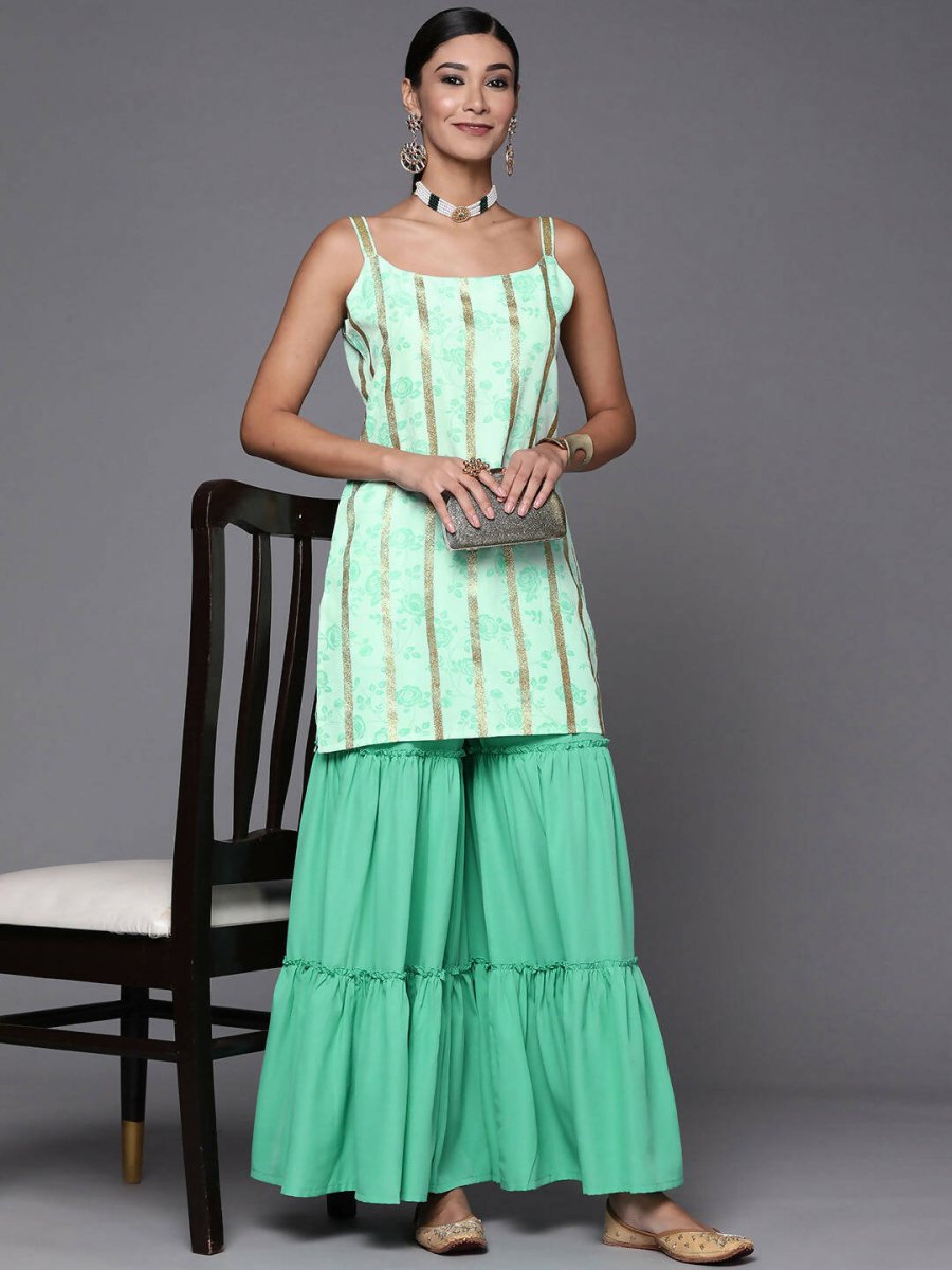 Ahalyaa Blue & Gold Floral Printed & Striped Straight Kurti with Sharara - Distacart