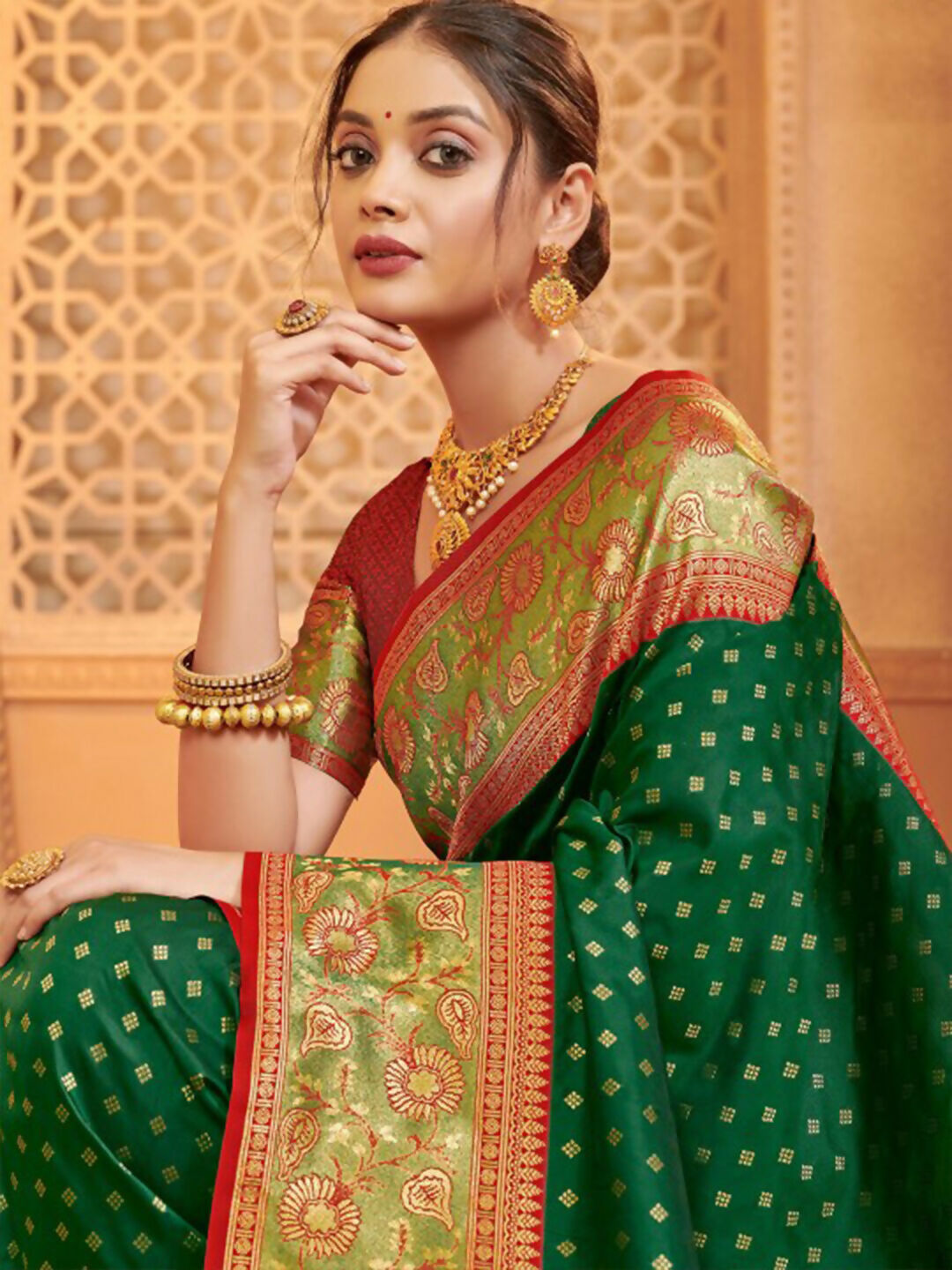 Shree Shyam Fashion Silk Blend Dark Green Saree - Distacart