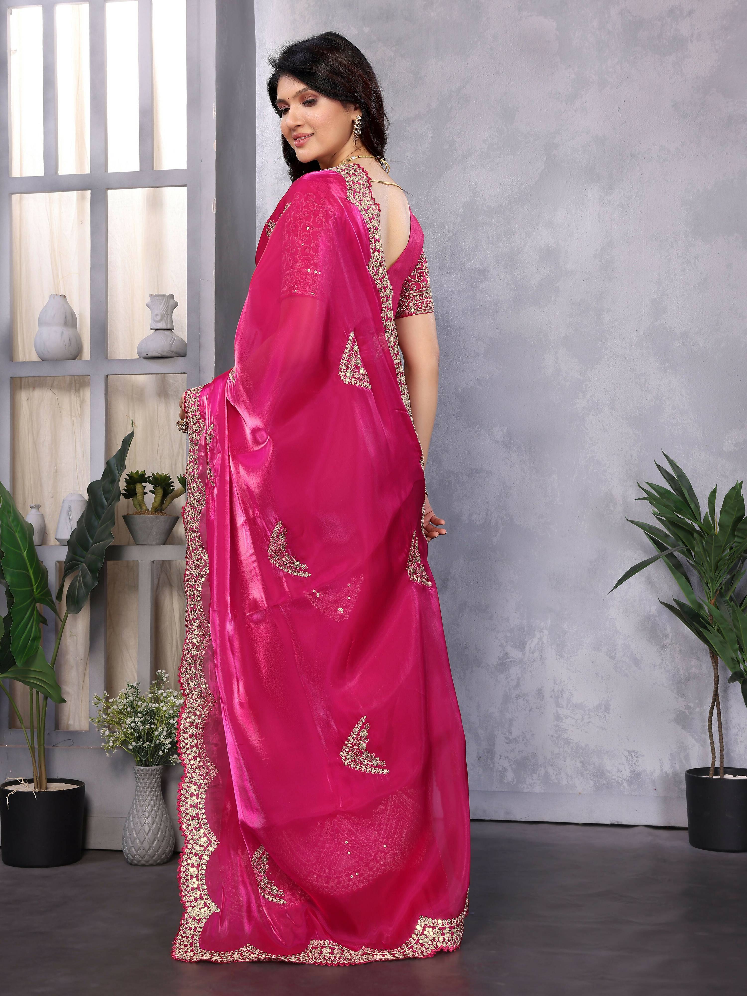 Vastranavya Pink Embroidery Work Shimmer Chiffon Saree with Unstitched Blouse - Distacart