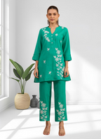 Joban Fashion Sea Green Cotton, Linen Embroidered Readymade Cord Set - Distacart