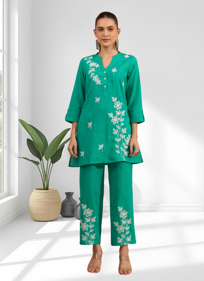 Joban Fashion Sea Green Cotton, Linen Embroidered Readymade Cord Set - Distacart