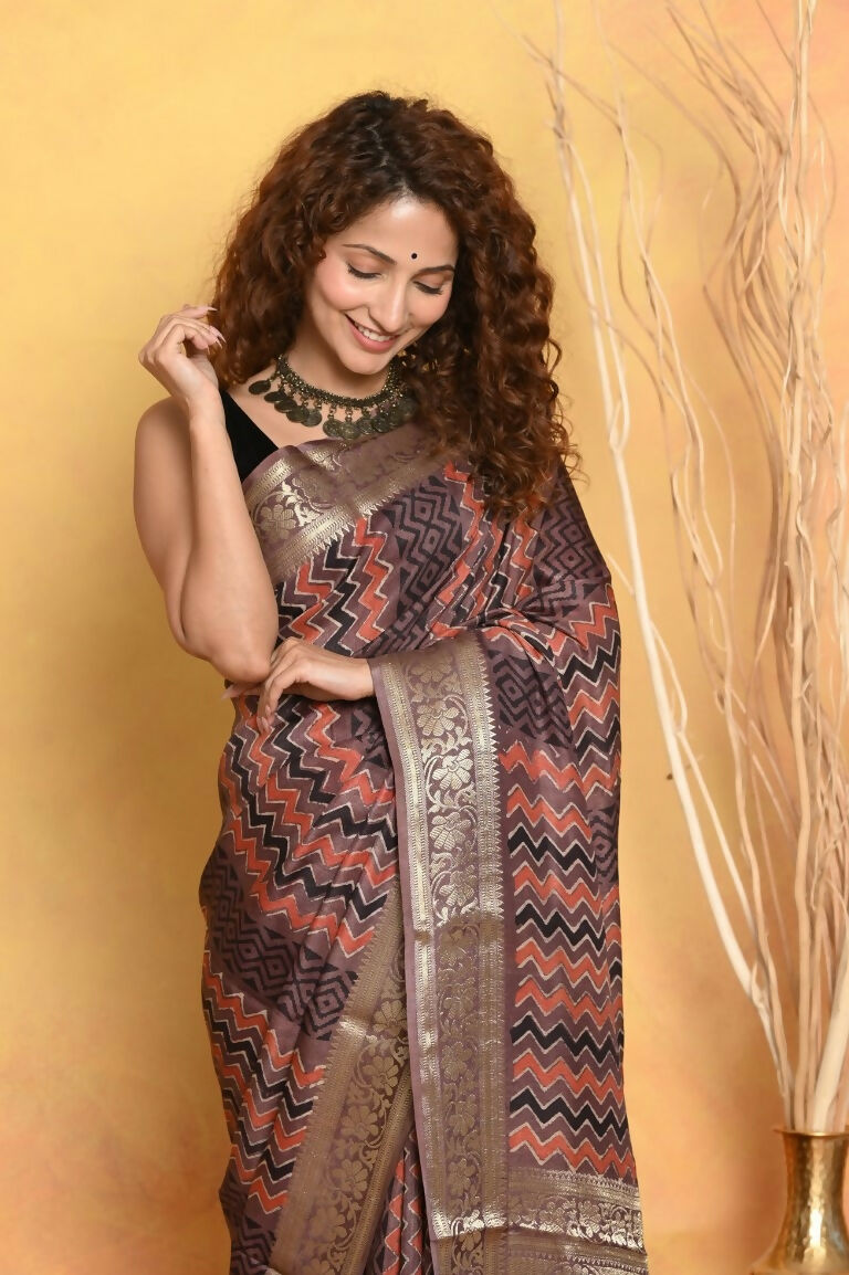 Very Much Indian Modal Silk Ajrakh Handblock Printed Natural Dyes With Designer Border Saree - Brown