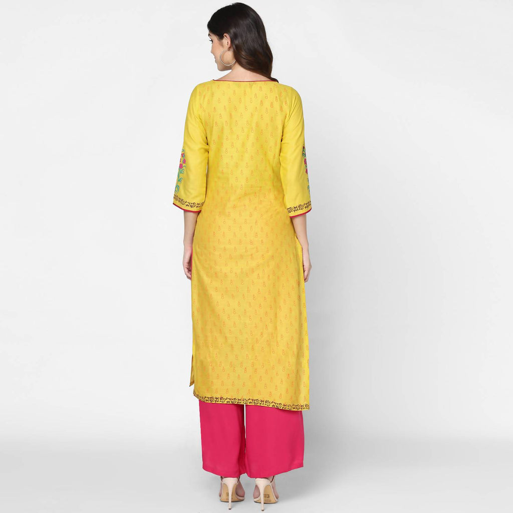 Cheera Hand Block Print Yellow Straight Kurta (MAAI-058K)