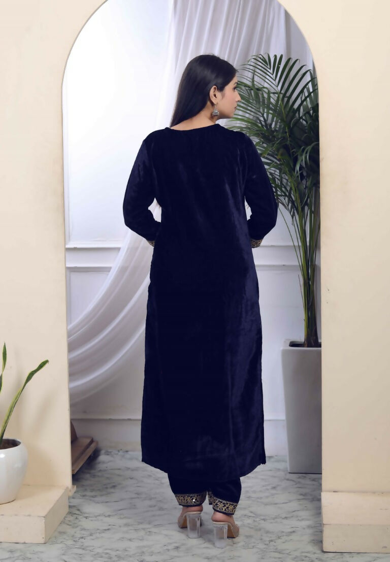 Miravan Women's Blue Velvet Embroidered/Sequence Work Straight Kurta with Palazzo
