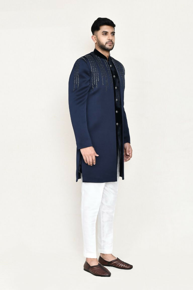 Joban Fashion Blue Colored Velvet Fabric Open Jacket, Indo Western With Straight Fit Pant