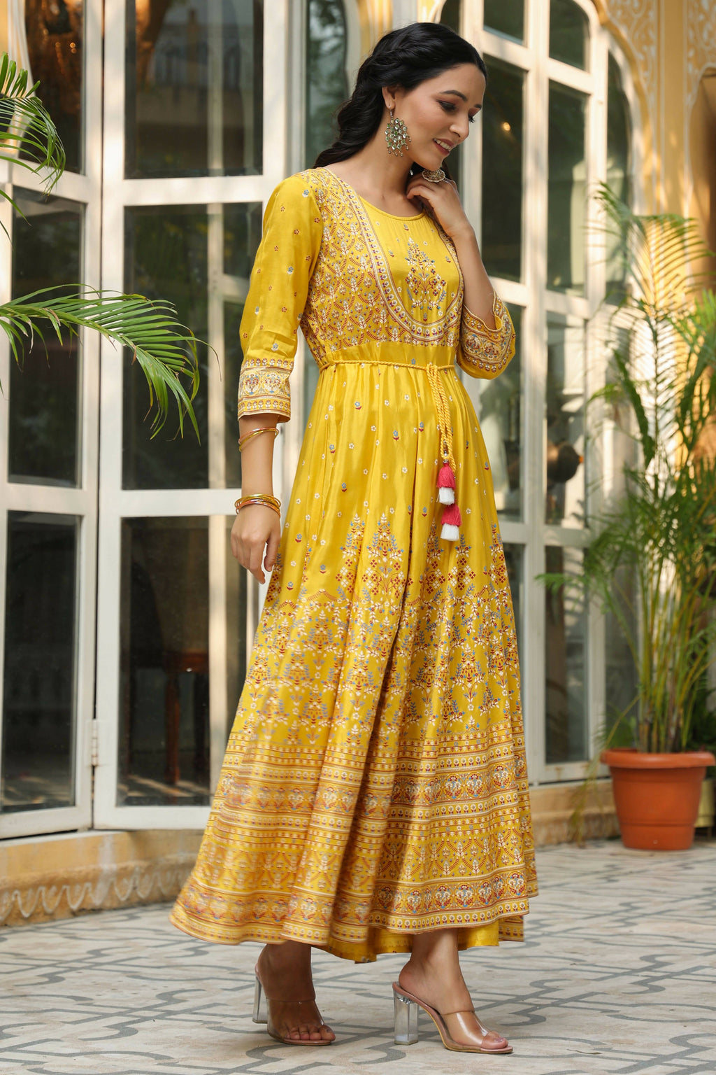 Juniper Women's Mustard Viscose Shantoon Festive Printed Flared Dress - Distacart