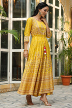 Juniper Women's Mustard Viscose Shantoon Festive Printed Flared Dress - Distacart