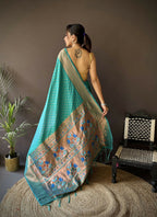 Joban Fashion Teal Green Jacquard Butti Soft Lichi Silk Paithani Saree - Distacart