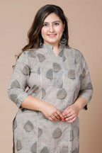 Miravan Women's Plus Size Beige Printed Gota Patti Pure Cotton Kurta With Palazzo
