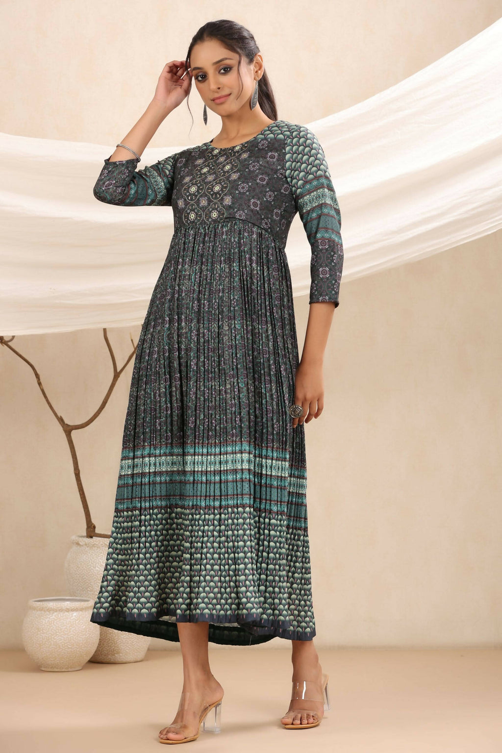 Juniper Bottle Green Muslin Festive Printed Flared Dress For Women - Distacart