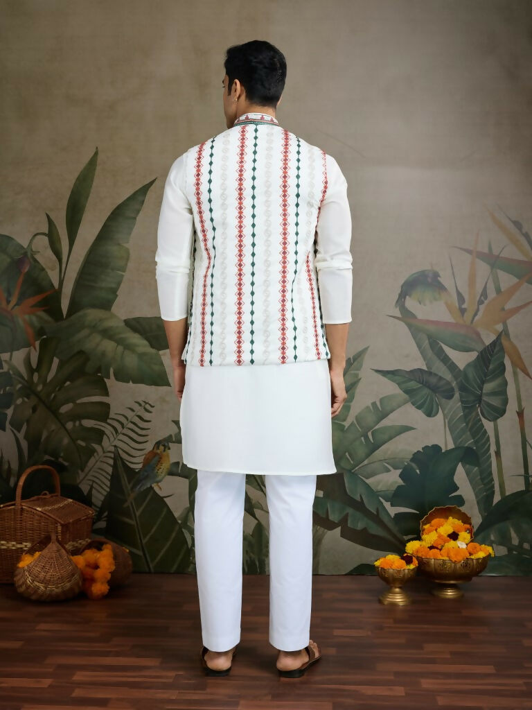 Vastranavya White Exclusive Festival Viscose Silk Thread & Swarovski Embroidered Work Mens Wear Kurta & Koti