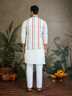 Vastranavya White Exclusive Festival Viscose Silk Thread & Swarovski Embroidered Work Mens Wear Kurta & Koti