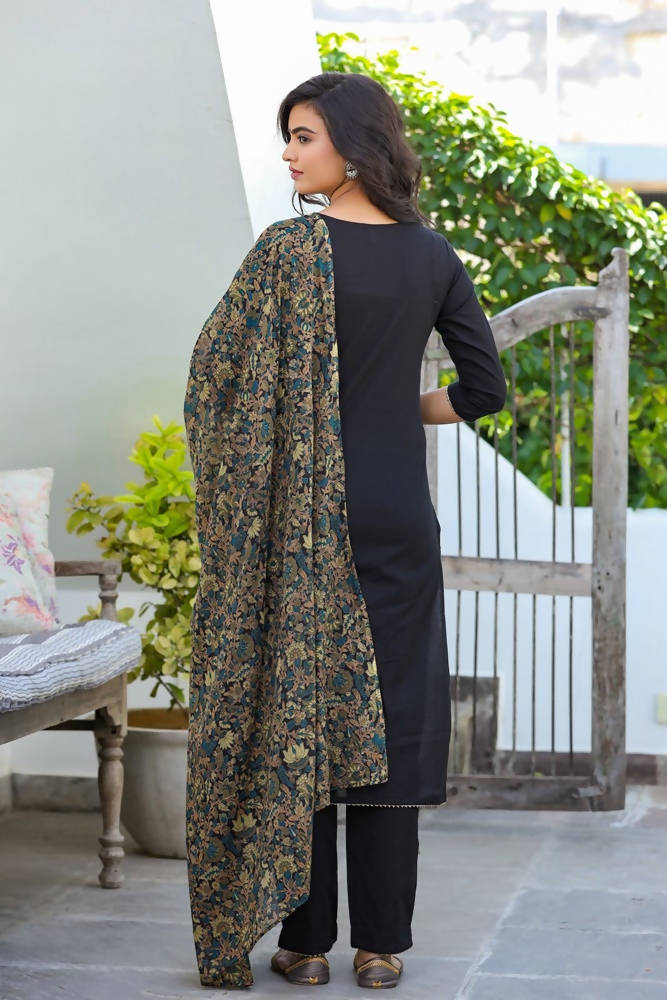 Yufta Women Black Patch Work Kurta with Palazzo & Dupatta