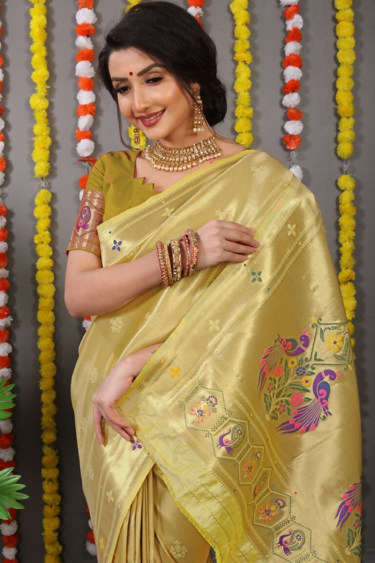 Jyoti Fashion Women's Mehendi Paithani Silk Zari Woven Saree with Blouse