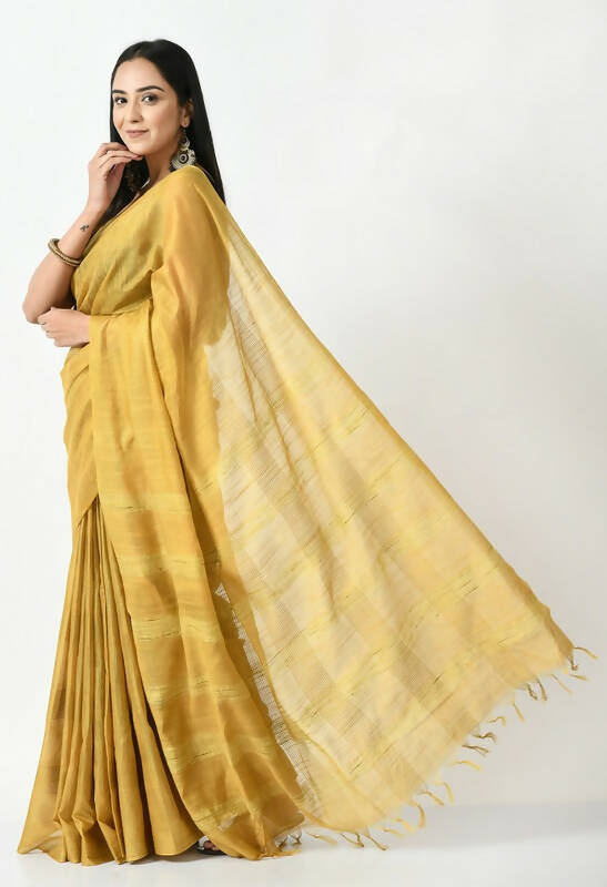 Mominos Fashion Moeza Golden Bhagalpuri Handloom 8 Line Ghichha Silk Saree with unstitched Blouse piece - Distacart