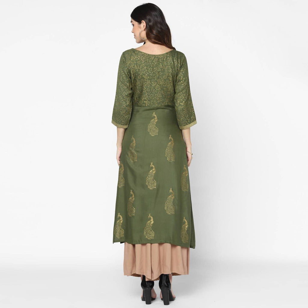 Cheera Hand Block Print Olive Green Straight Kurta (MAAI-057K)