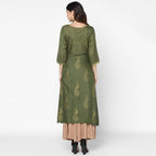 Cheera Hand Block Print Olive Green Straight Kurta (MAAI-057K)