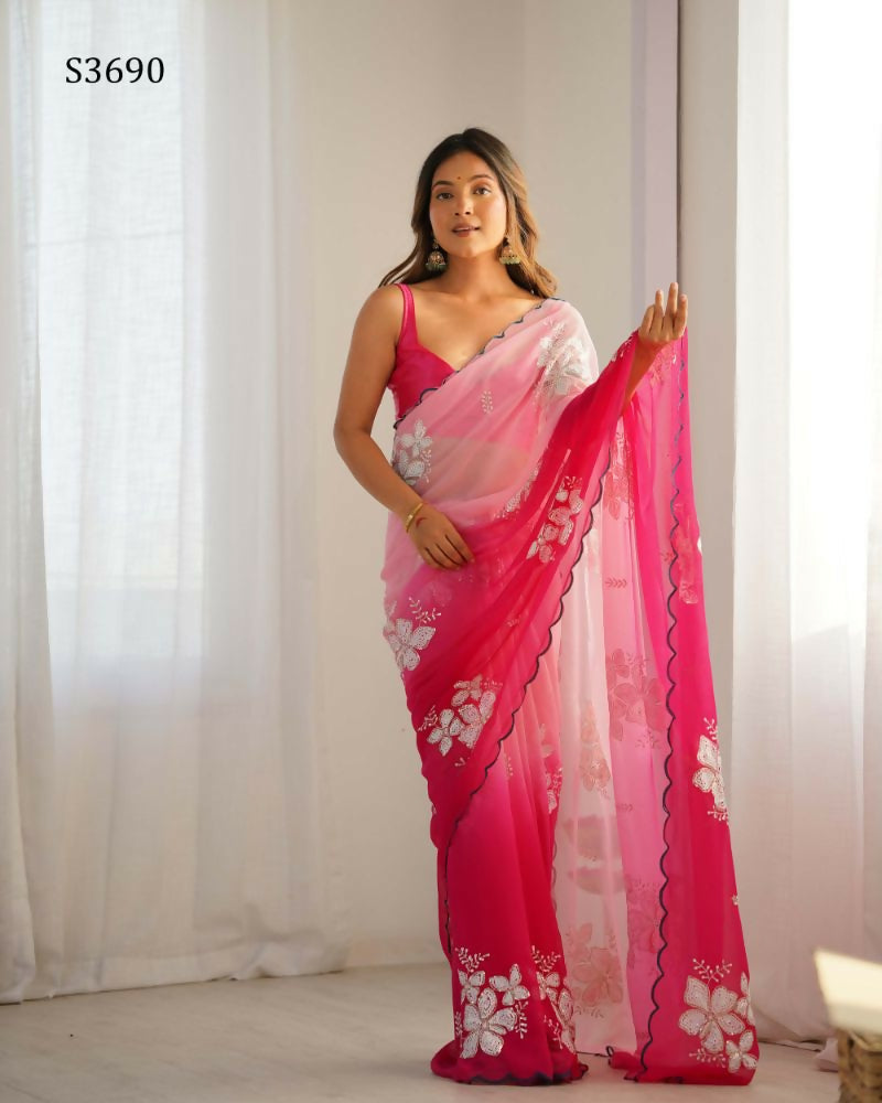 Pink Georgette Pedding Color, Embroidery Work Party Wear Saree - Erisha