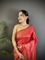 Joban Fashion Red Floral & Paisley Motifs Soft Satin Silk Banarasi Saree - Distacart