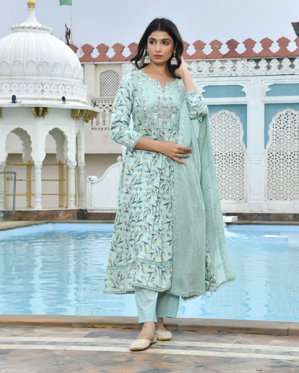Vaasva Women's Sky Blue Cotton Anarkali Set With Solid Pant And Embroidered Dupatta