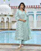 Vaasva Women's Sky Blue Cotton Anarkali Set With Solid Pant And Embroidered Dupatta