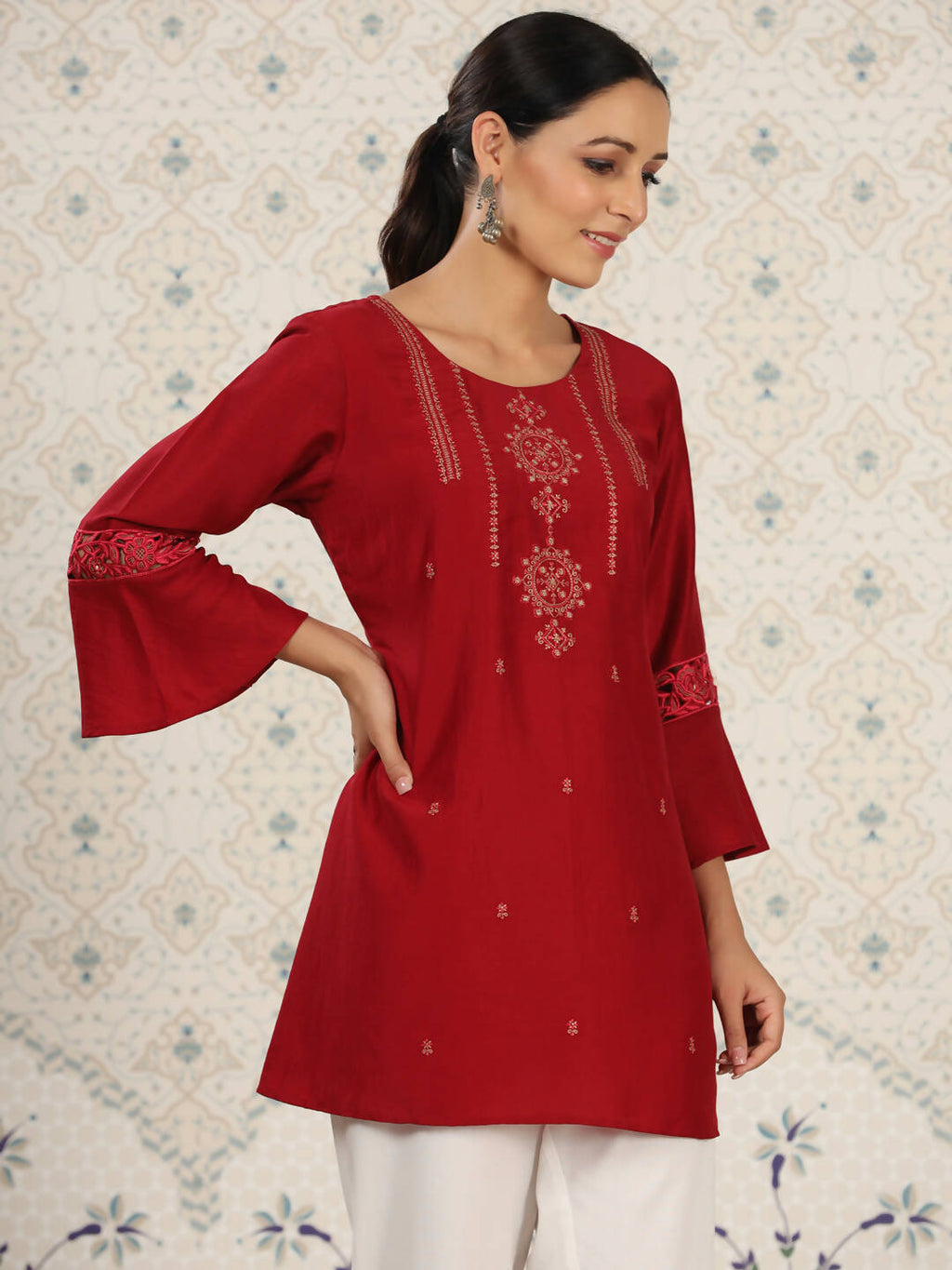 Red Chinon Embroidered Straight Top - Zeny